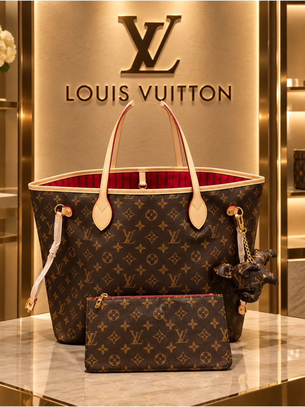 Louis Vuitton Monogram Neverfull Tote in Brown with Red Lining